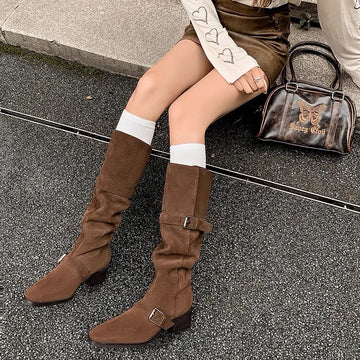 Xajzpa New Square Heels Knee High Boots Women Pointed Toe Runway Shoes Woman Suede Leather Metal Buckle Long Western Cowboy Boots Woman